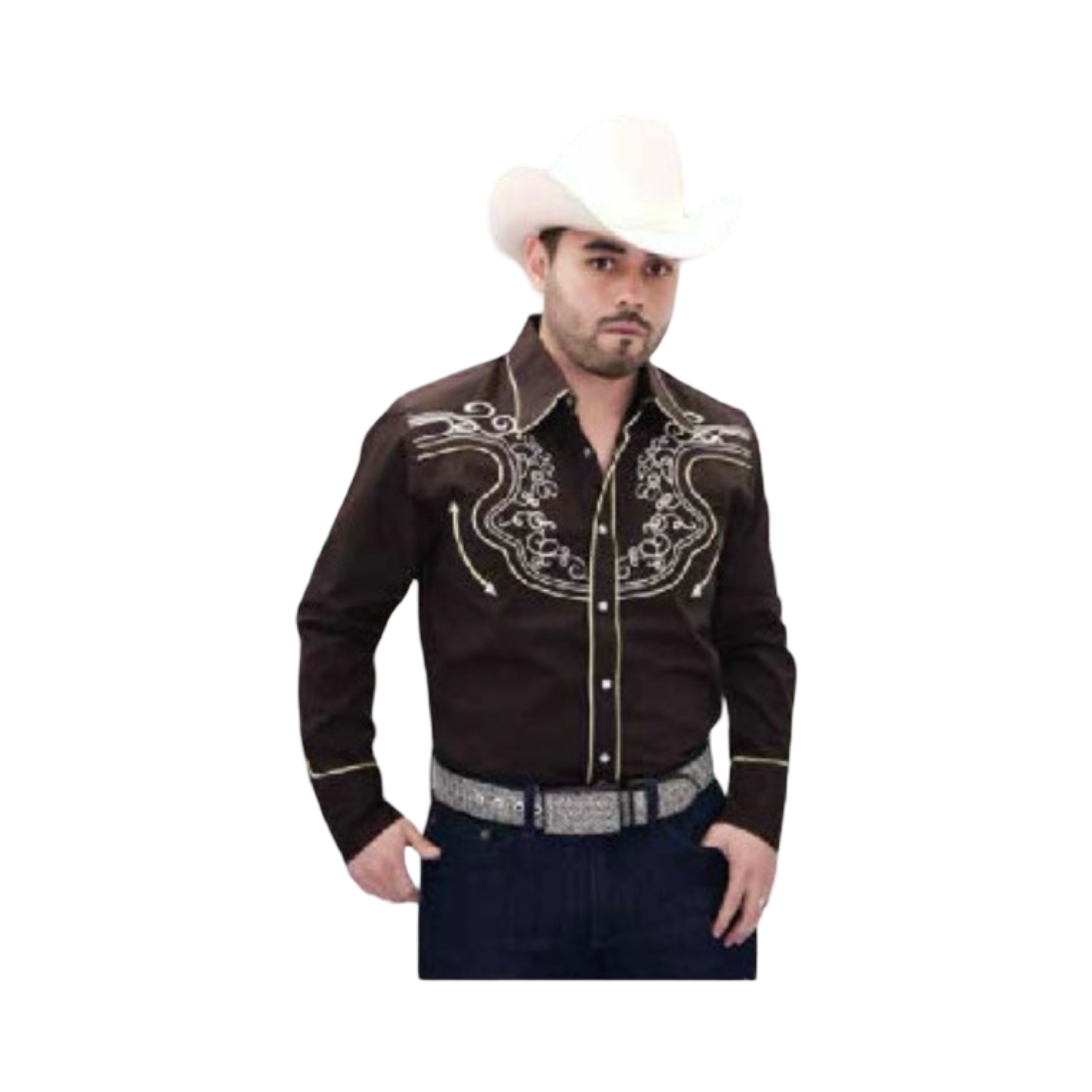 Camisa Vaquera Bordada Color Café con Bordado Negro – White Diamonds Boots