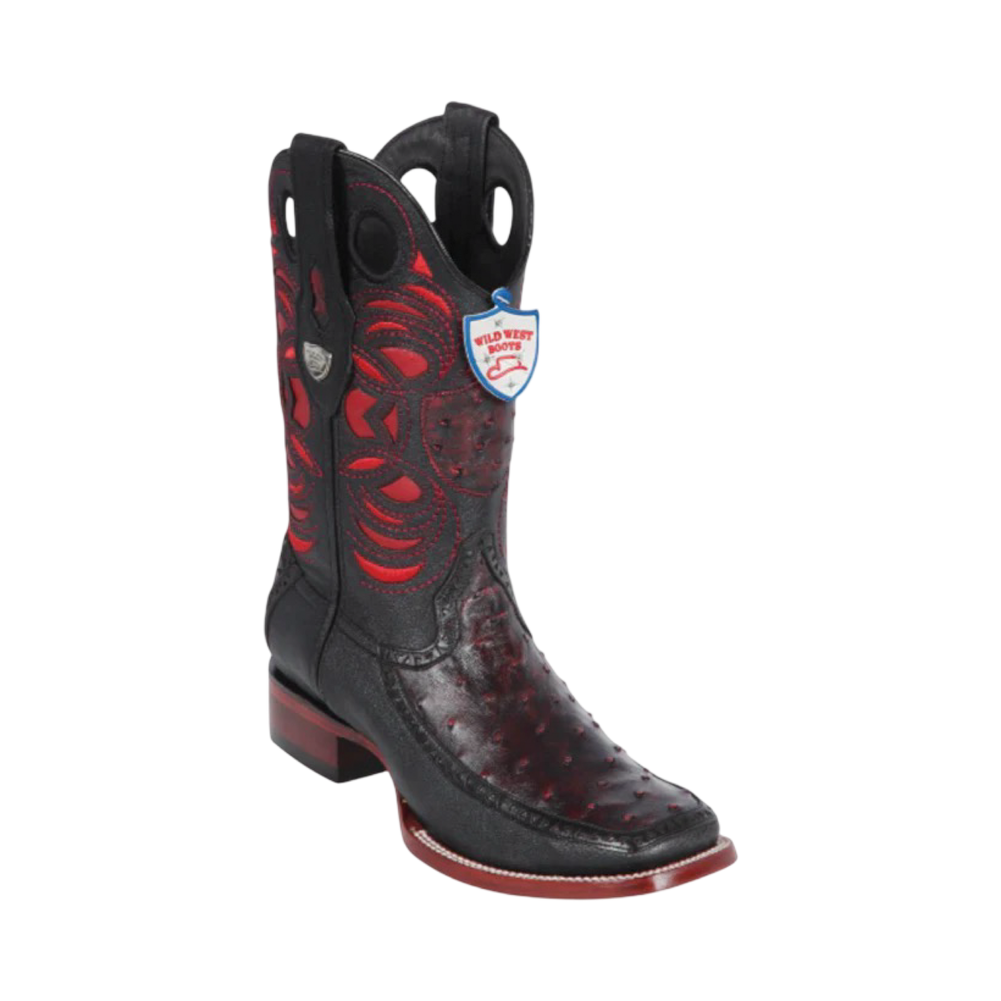 A black and red Botas Wild West Original Avestruz with a distinctive pattern on the upper part.