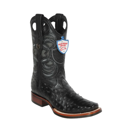 Botas Wild West Avestruz Horma Rodeo Color Negro con Suela de Hule – Piel Genuina