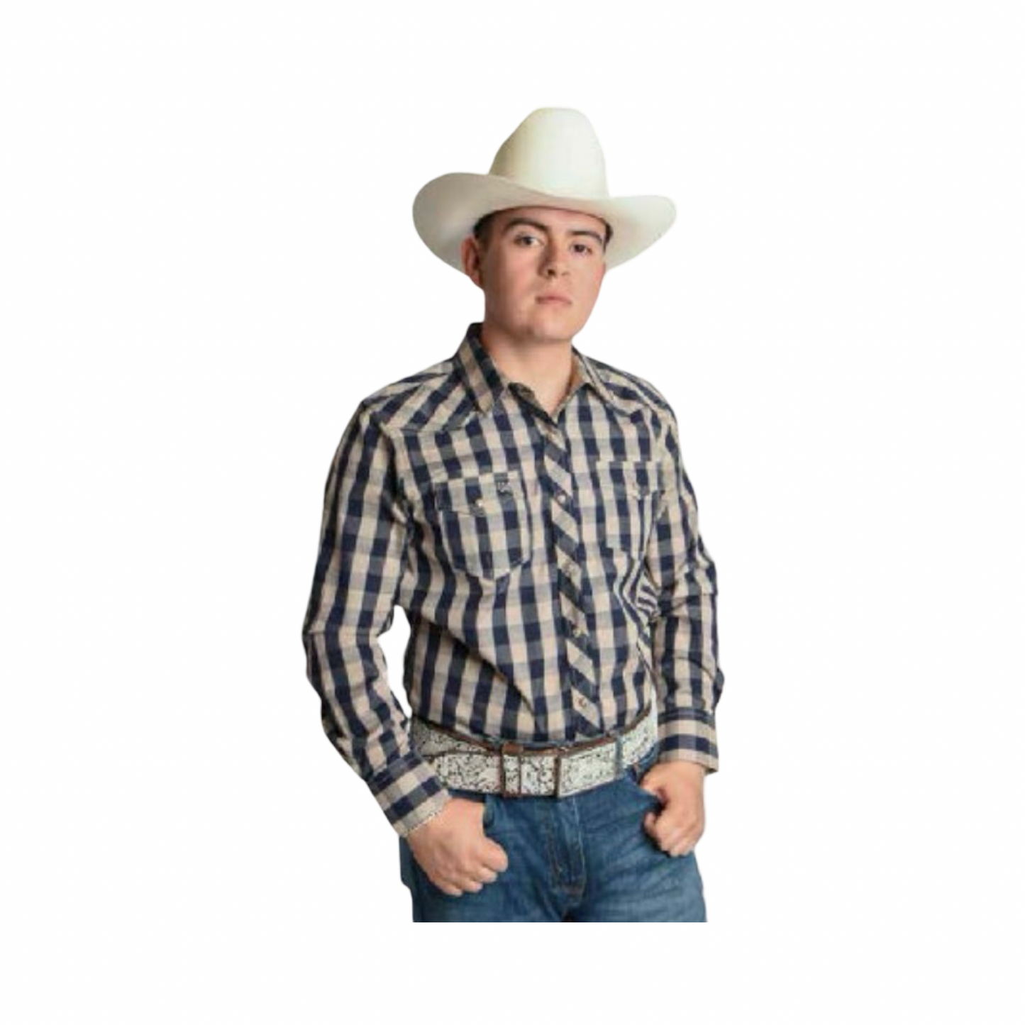 Camisa Vaquera Beige con Detalles Azul Western – White Diamonds Boots