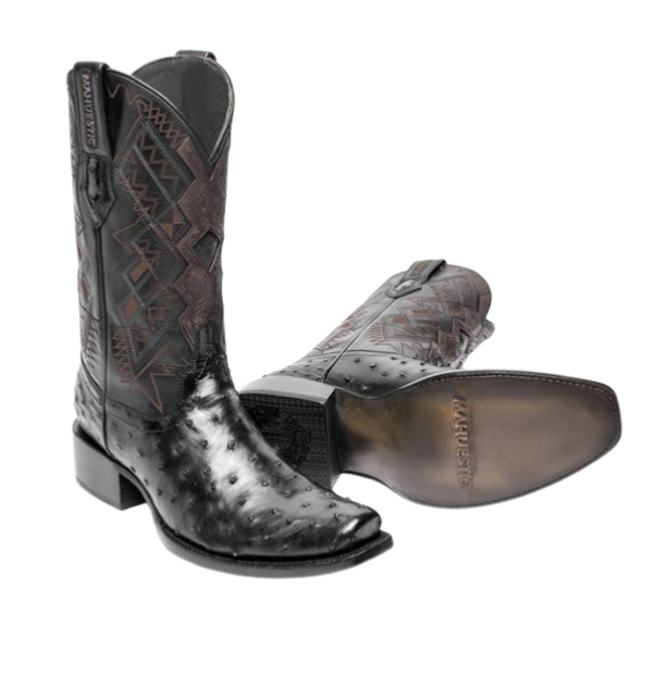 A pair of black MAHUESTIC brand boots with a distinctive texture and visible quill bumps, designed with a square toe style.
