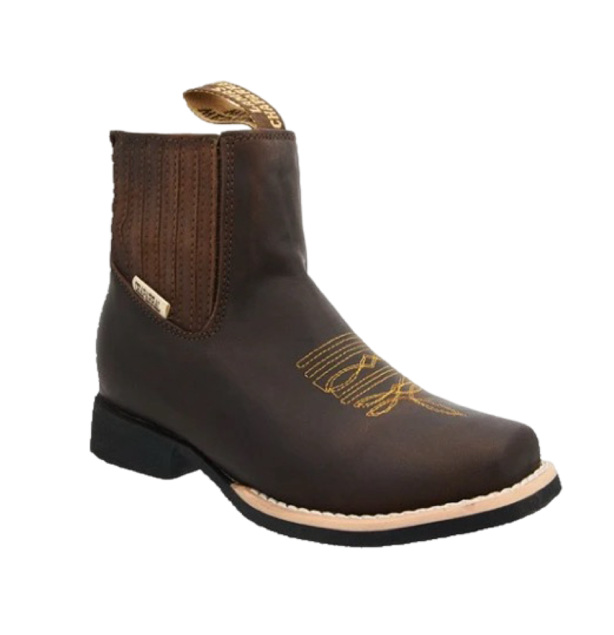 A traditional brown leather charro boot for children with decorative stitching and a square toe.
