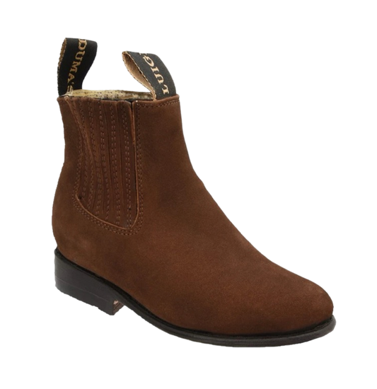A brown suede child's boot with a square toe and decorative stitching.