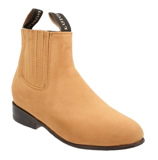 A traditional brown leather charro boot for children with a square toe and decorative stitching.