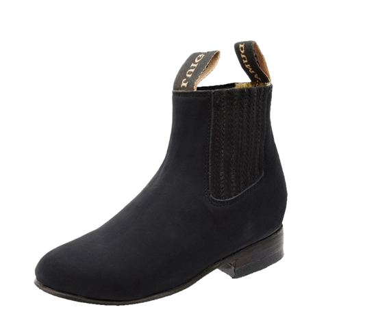 A black traditional Mexican charro boot for children with a square toe and decorative stitching.