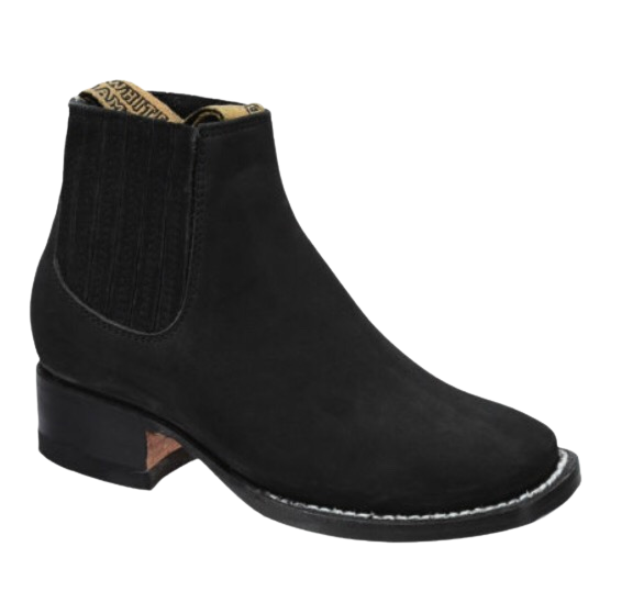 A black suede chelsea boot for kids with a low heel and elastic side panels.