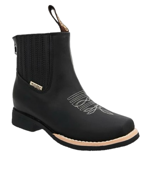 A black charro boot for a child with a square-toe design, decorative stitching, and a brown sole.