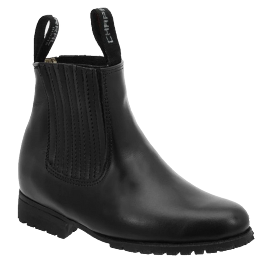 Black rubber boot with a white background