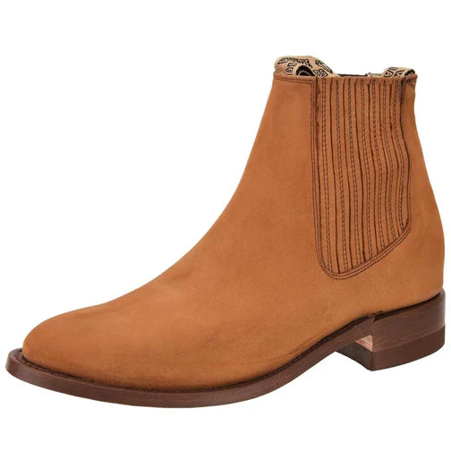 A brown leather Charro ankle boot for men with a round toe and traditional low heel.