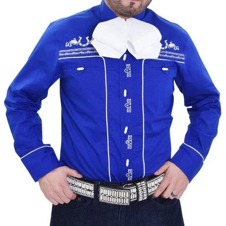 Person wearing a blue jacket with white accents on a white background