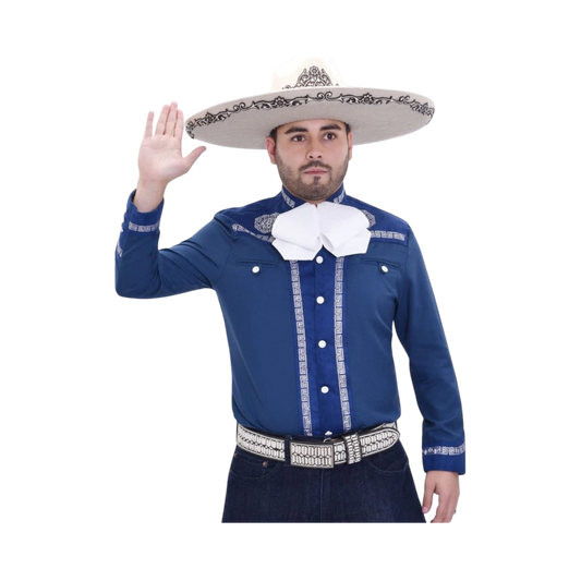 Camisa charra azul rey de hombre con bordado blanco elegante