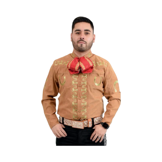Camisa charra beige claro para hombre con detalles bordados tradicionales