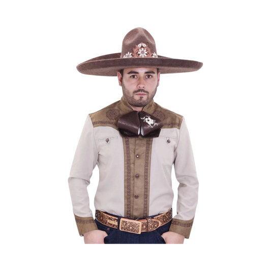 Camisa charra beige con café para hombre con diseño mexicano bordado