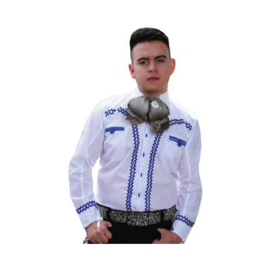 Camisa charra blanca con azul para hombre con detalles bordados mexicanos