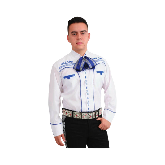Camisa charra blanca para hombre con detalles bordados en azul