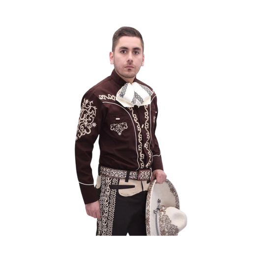 Camisa charra para hombre color café con bordado tradicional mexicano