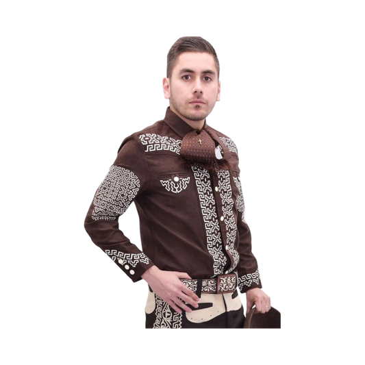 Camisa charra de gamuza café para hombre con bordado mexicano