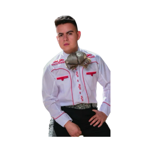Camisa charra blanca de hombre con detalles rojos tradicionales