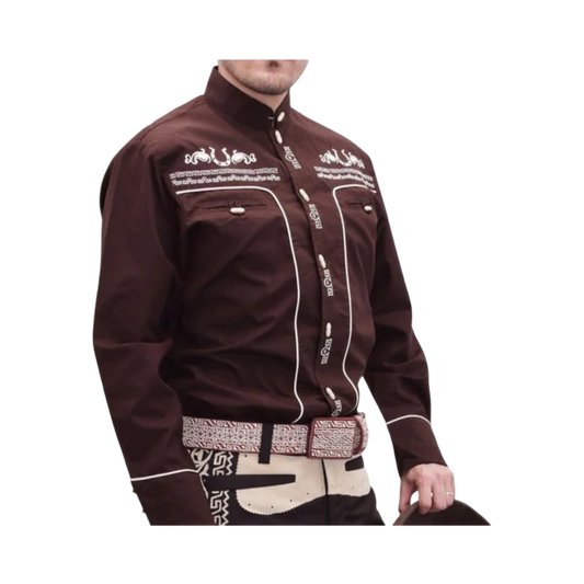 Camisa charra para hombre color café con bordado tradicional mexicano