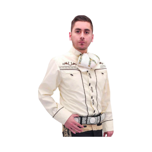 Camisa charra beige para hombre con detalles bordados estilo mexicano