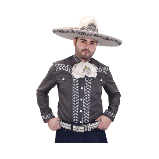 Camisa charra gris Claro para hombre con bordado tradicional mexicano