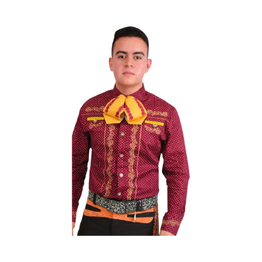 Camisa charra para hombre color vino estilo tradicional con bordado mexicano