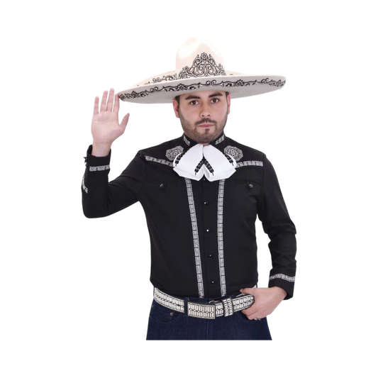 Camisa charra negra para hombre con detalles bordados estilo mexicano