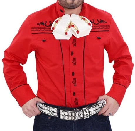 Red shirt with decorative collar and black belt on a white background