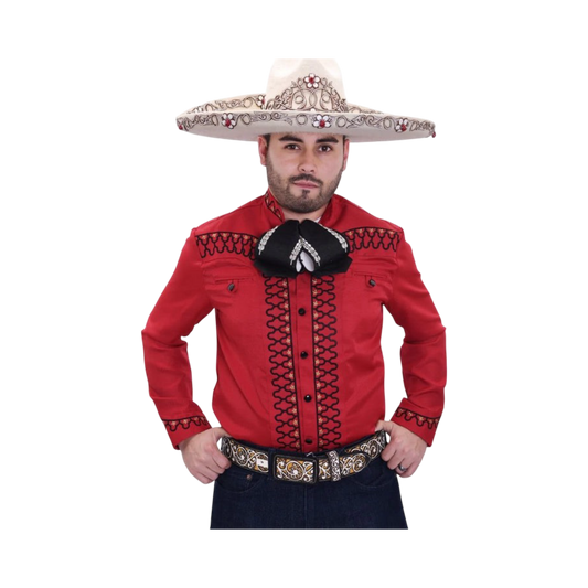 Camisa charra roja con negro para hombre con diseño bordado charro