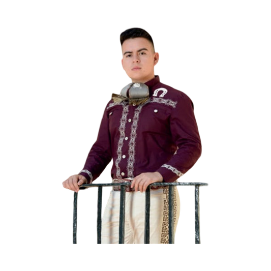 Camisa charra color vino y blanco de hombre estilo tradicional mexicano