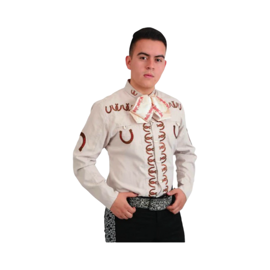 Camisa charra beige de hombre con bordado rojo mexicano