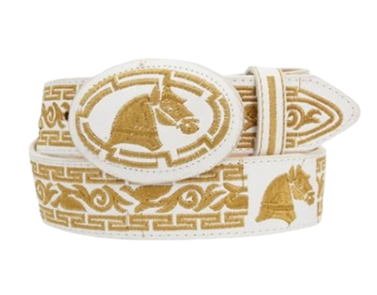 Cinturon charro blanco con caballo en color dorado