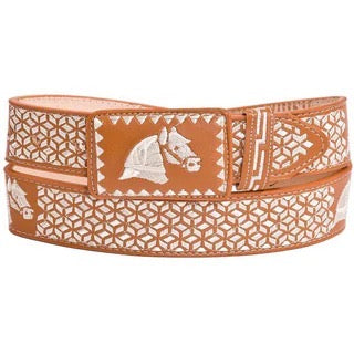 Cinturón charro color miel con detalles blancos y caballo