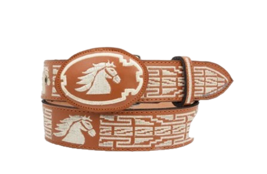 Cinturón charro color miel con caballo y detalles blancos