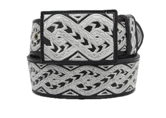 A traditional Mexican charro belt with a detailed, geometric pattern and a decorative buckle.