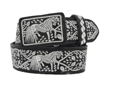 Cinturón charro negro con detalles plateados y caballo