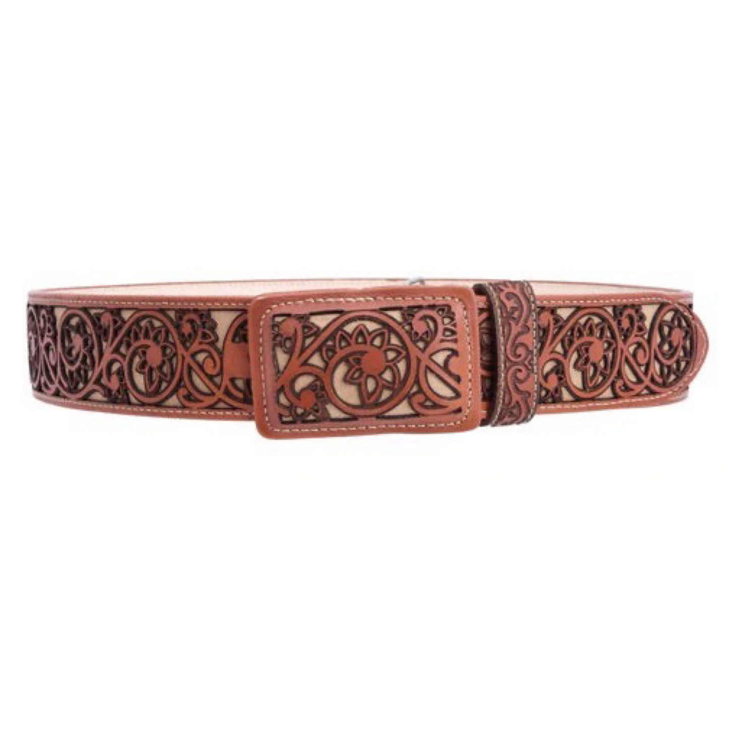 A brown leather belt with a patterned design, featuring a buckle and laser-cut details.
