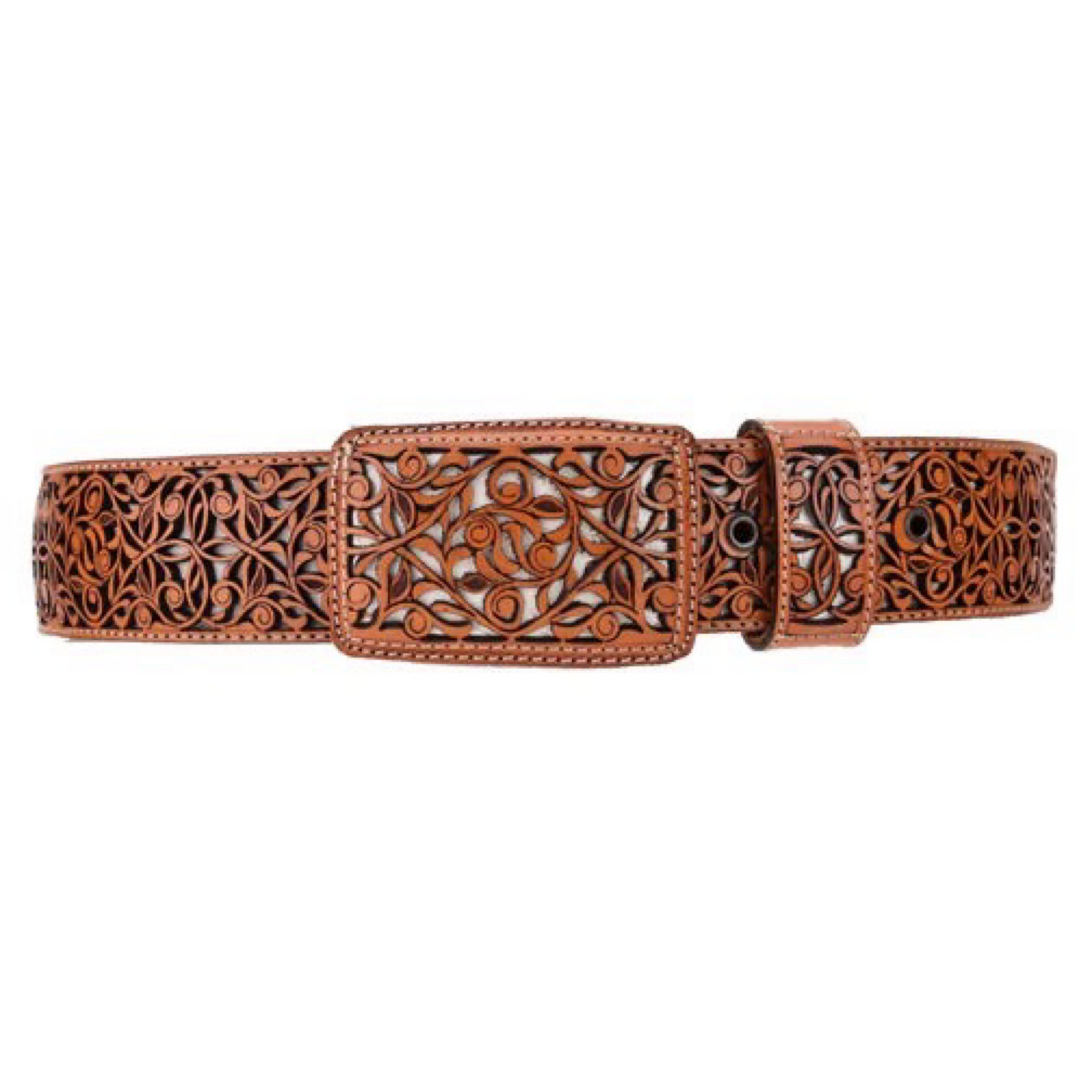 A brown leather belt with a patterned design, featuring a buckle and laser-cut details.