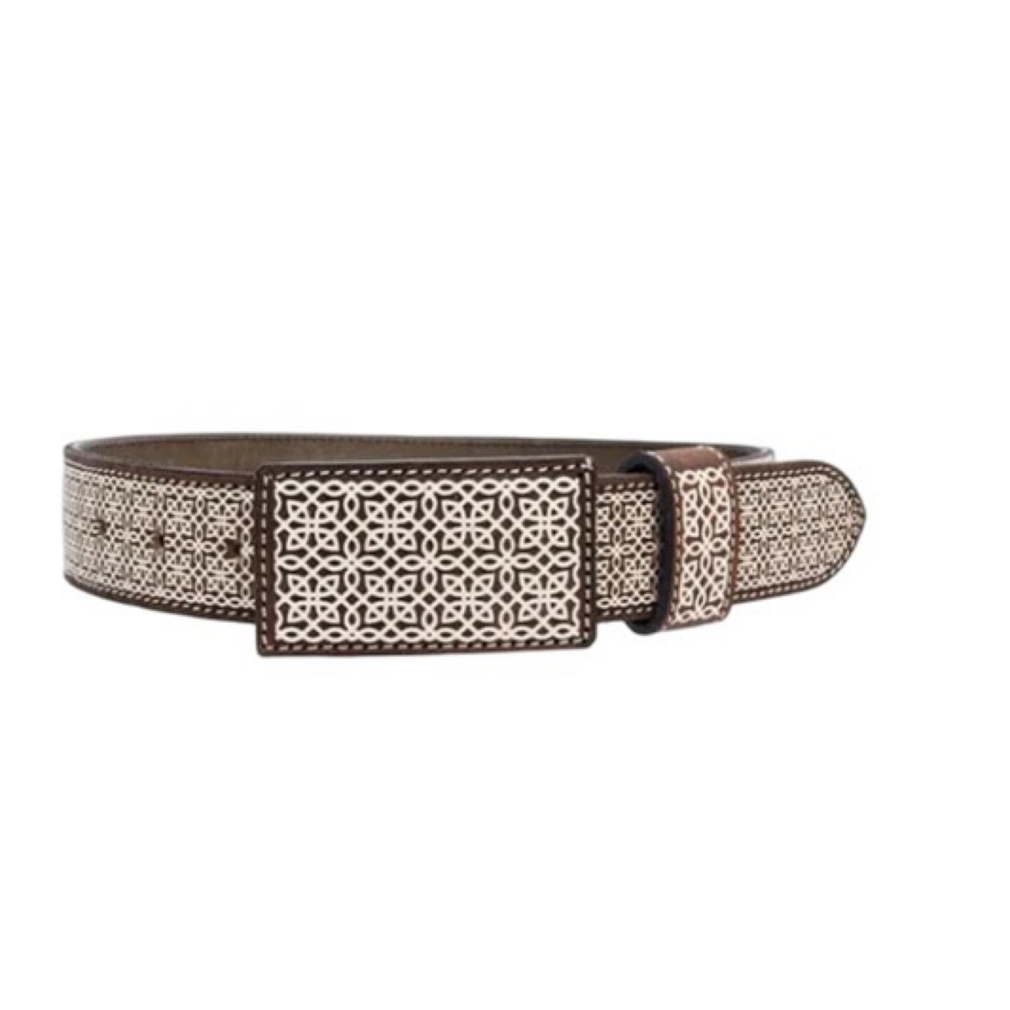 A brown belt with a traditional design, featuring a detailed buckle and laser-cut patterns on the strap.