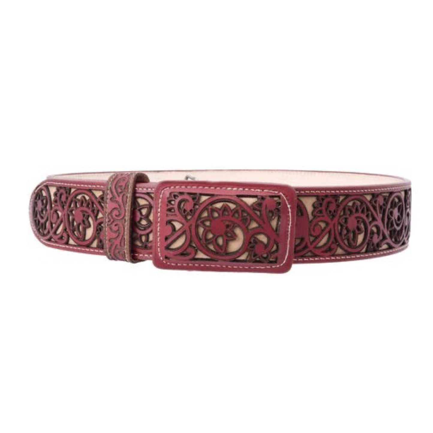 A brown leather belt with a patterned design, featuring a rectangular metal buckle, made using laser cutting techniques.