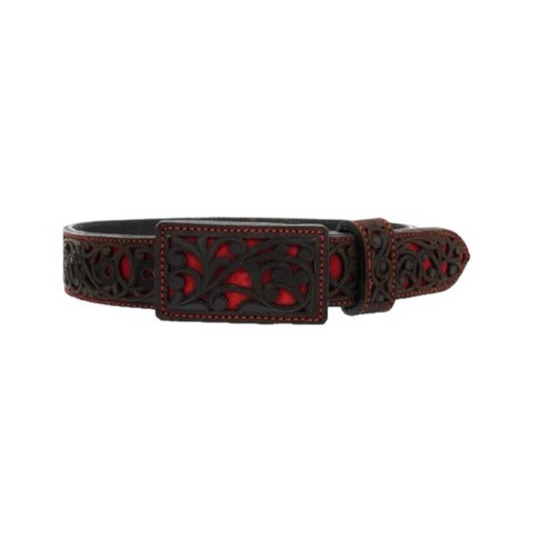 A black leather belt with a patterned design, featuring a buckle and laser-cut details.