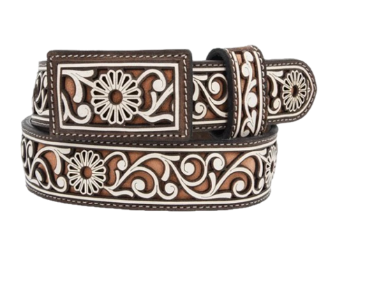 A brown leather belt with traditional floral and geometric patterns, decorated using laser cutting.