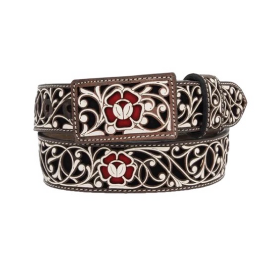 A brown leather belt with a floral pattern and a metal buckle.