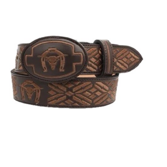 Cinturón charro café para hombre con diseño de toro