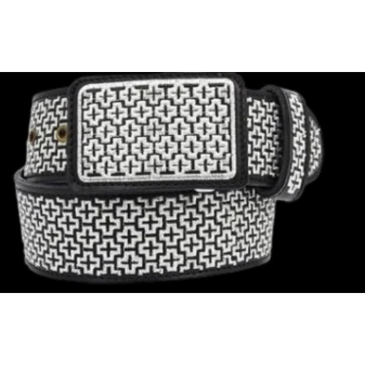 A traditional Mexican charro belt with a patterned design and a decorative buckle.