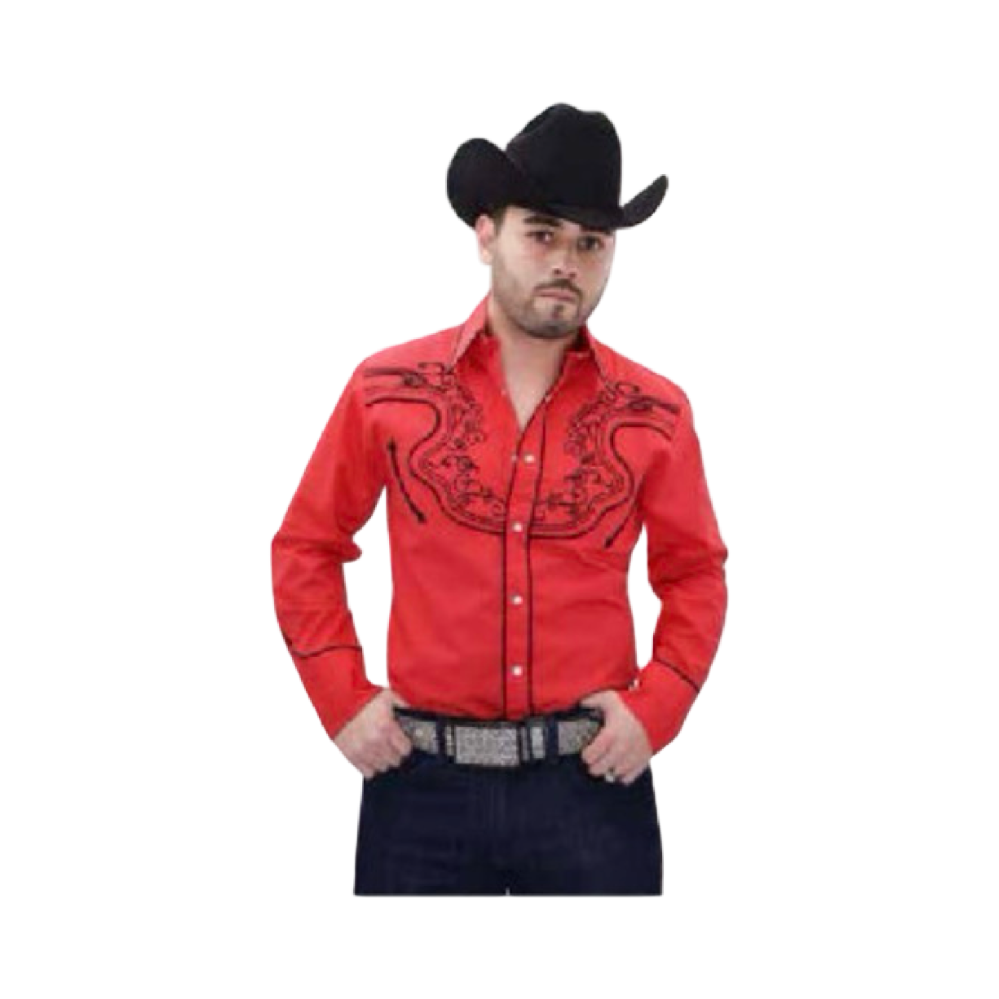 Camisa Vaquera Bordada Roja con Bordado Negro – White Diamonds Boots