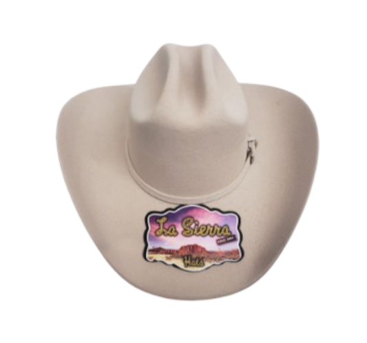 A white cowboy hat with a logo 'La Sierra' on the front.