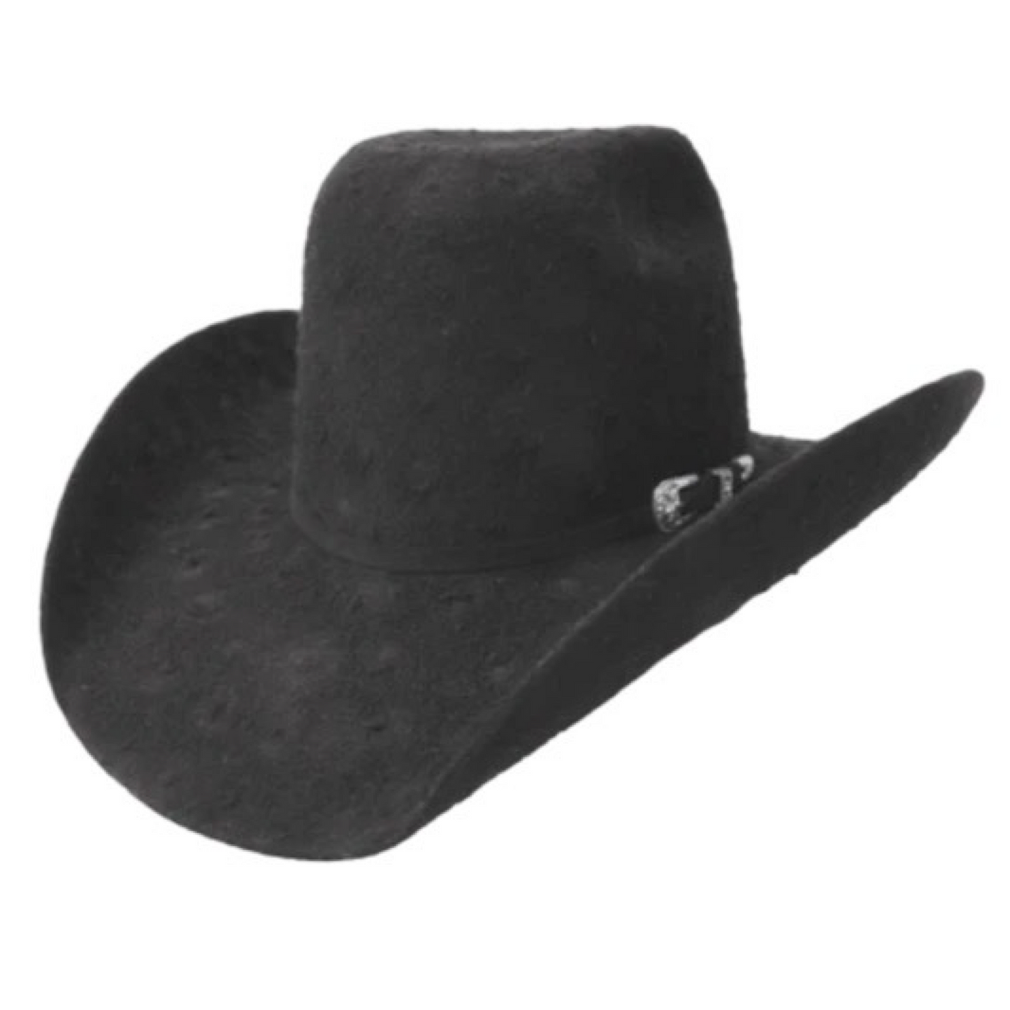A black cowboy hat with a decorative white diamond-shaped embellishment on the side.