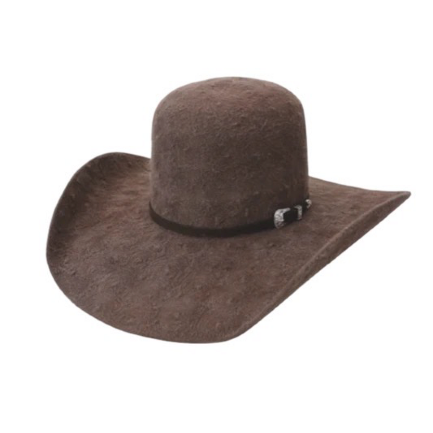 A brown cowboy hat with a round crown and a wide brim, featuring a band with a buckle.