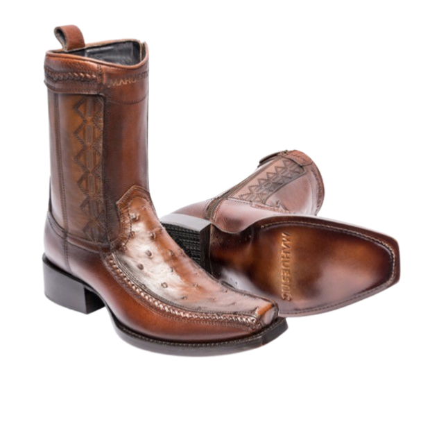 A pair of brown square-toe boots with visible texture and stitching details.